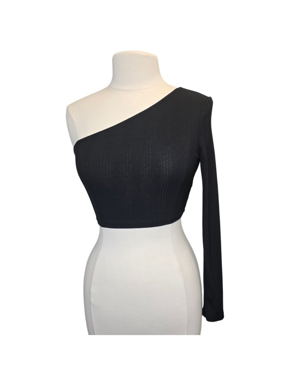 SHEIN Women's S One-Shoulder Black Ribbed Long Sleeve Crop Top